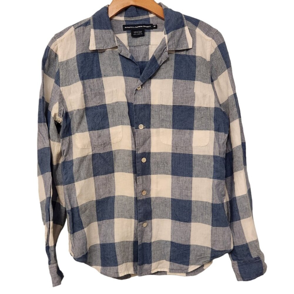 Ralph Lauren Sport Linen Shirt Button Up Blue White Check Women's 14